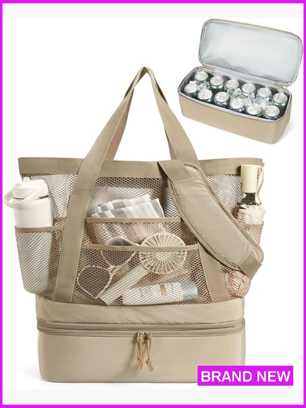 Mesh Beach Tote Bag with Cooler Compartment Lightweight Sandproof Zippered